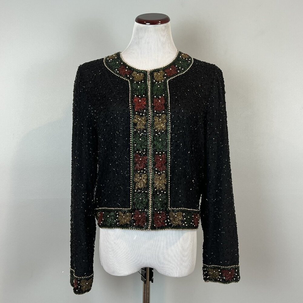 Laurence Kazar Size Petite XL Sequin Jacket Black Red Gold Bow Designs Christmas